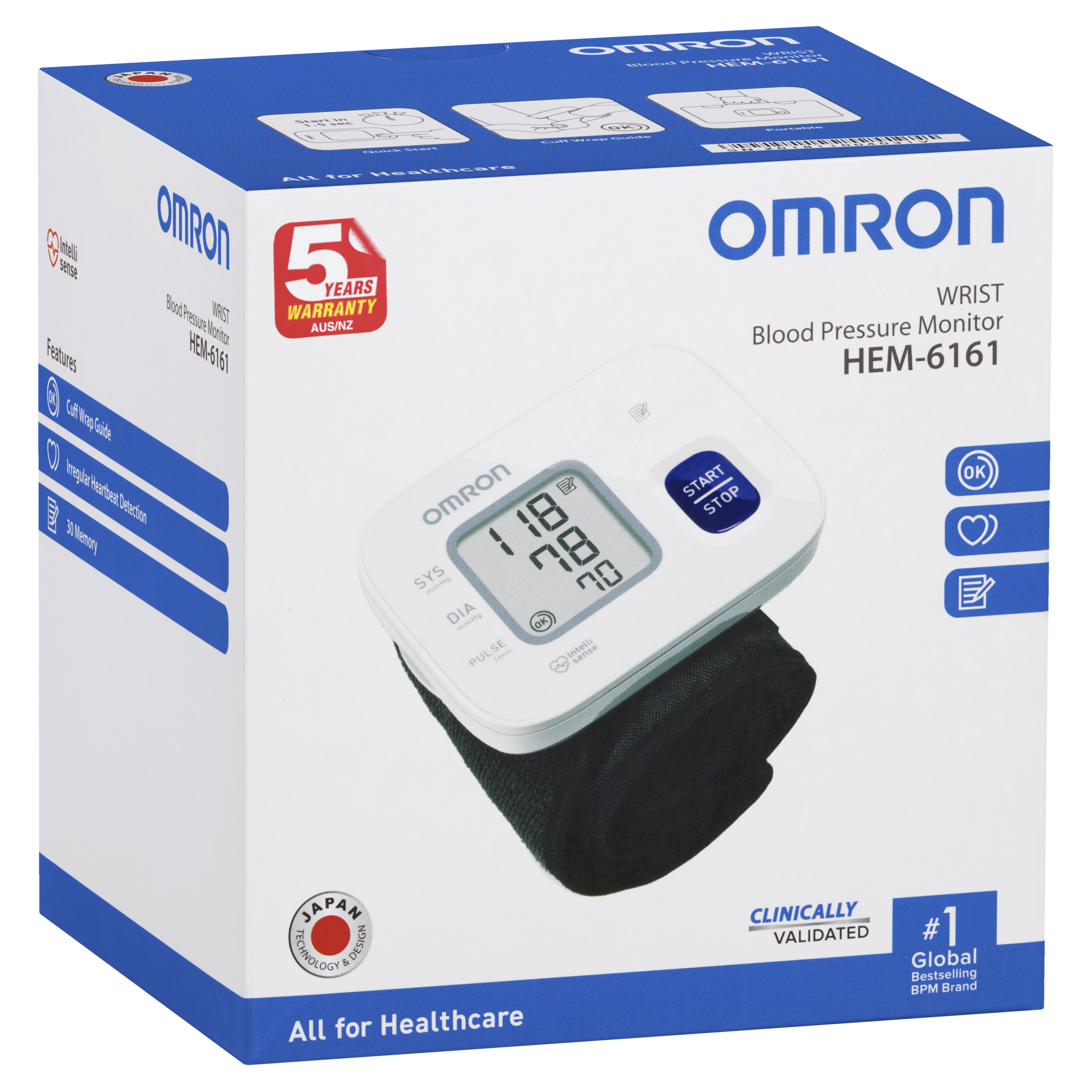 Omron 6161 Wrist Blood Pressure Monitor with 30 Memory, Intellisense